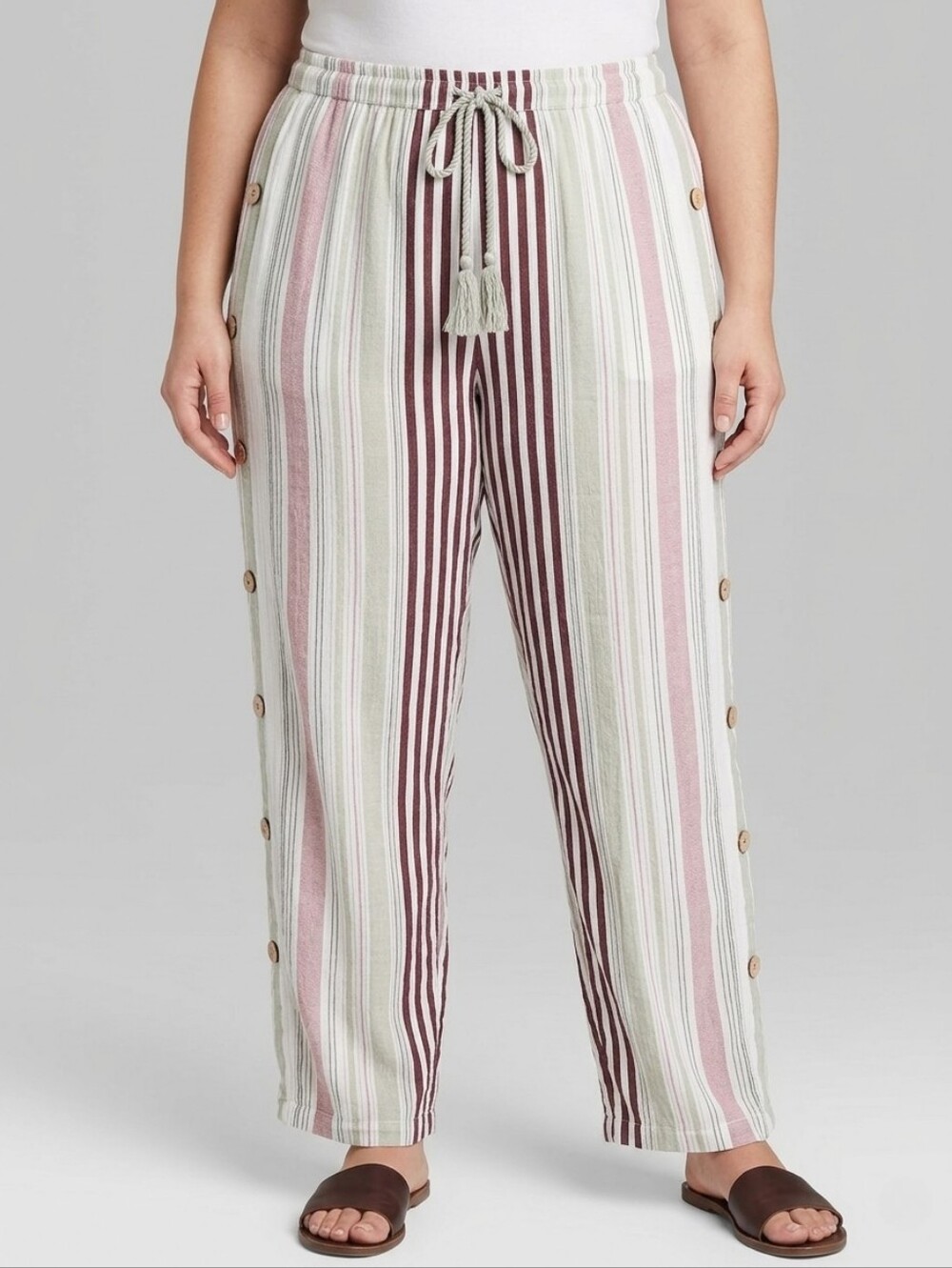 Love University Striped Lounge Pants Elastic Waist Button Side Detail Size Large